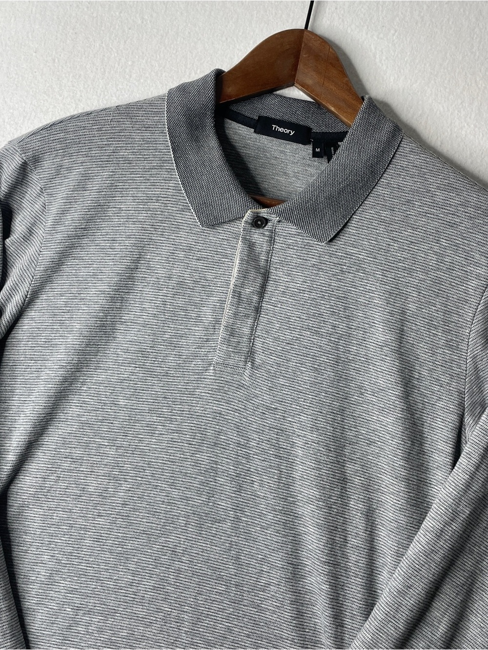 Theory Polo Shirt Mens Medium Gray Collared Long Sleeve Knit Preppy Quiet Luxury